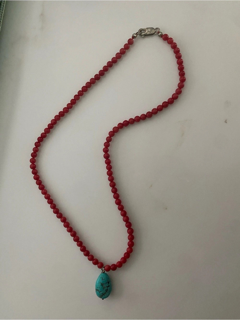 Genuine Red Coral Necklace with Turquoise Nugget Pendant - Vintage Southwestern